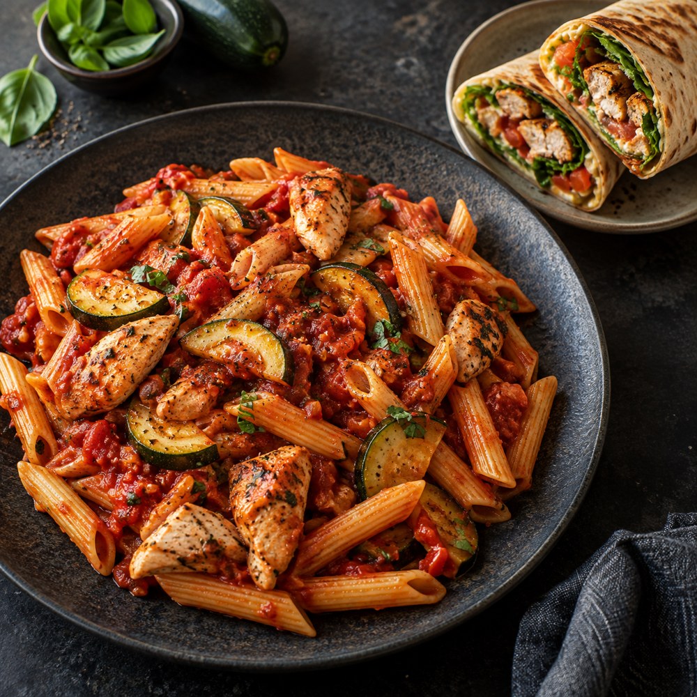 Penne au poulet, tomate et courgette, accompagnées d’un wrap
